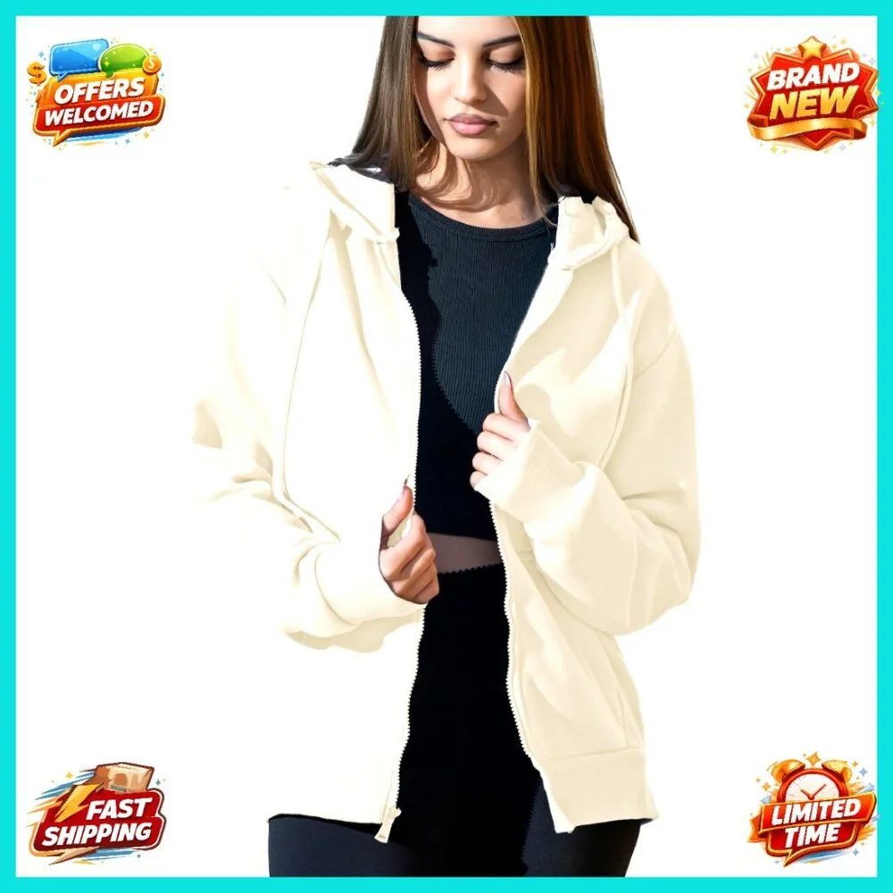 Oversized Fleece Zip Hoodie Women's Cozy Full Zip Sweatshirt Soft Cotton Blend